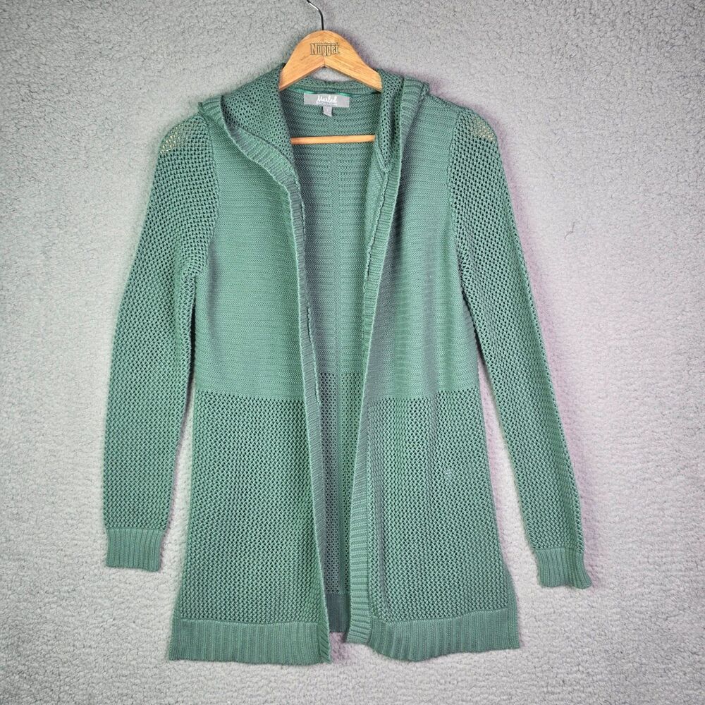Marled Hooded Cardigan Green S Open Front Lightweight Knit Casual